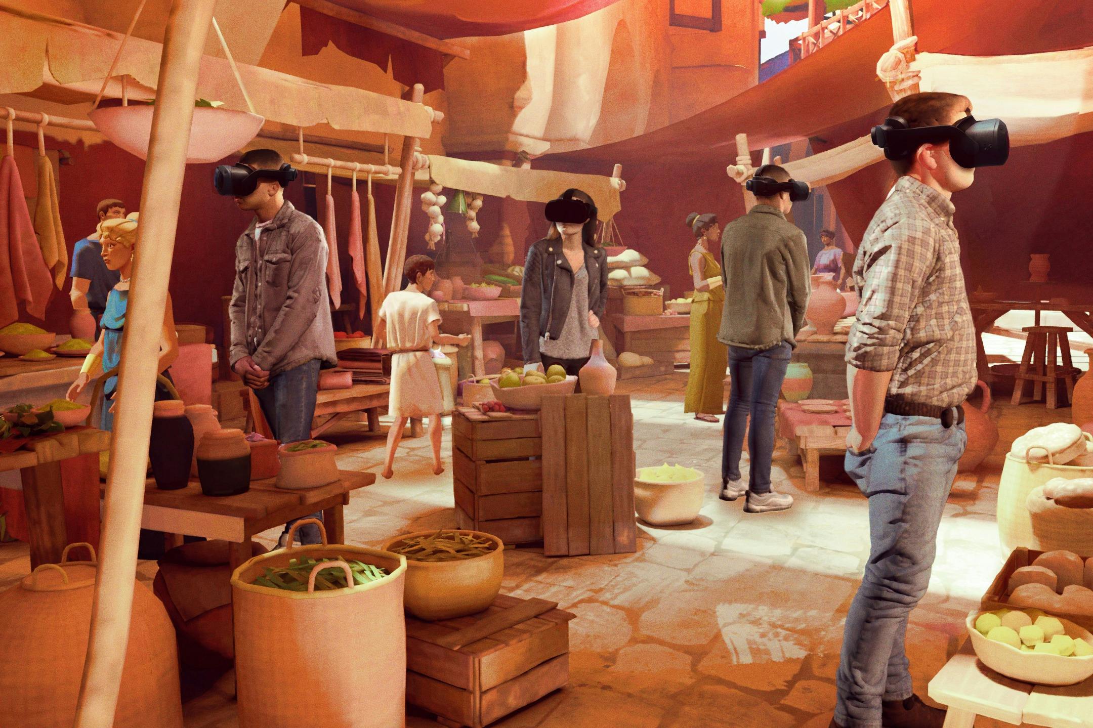 Des personnes portant des casques de RV sur une ancienne place de marché où sont exposés divers vendeurs et marchandises.