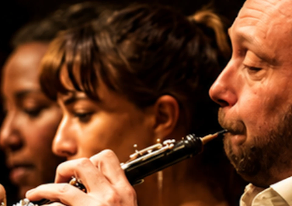 Musicians seated in a row, playing oboes during a performance, with focus on the front players.