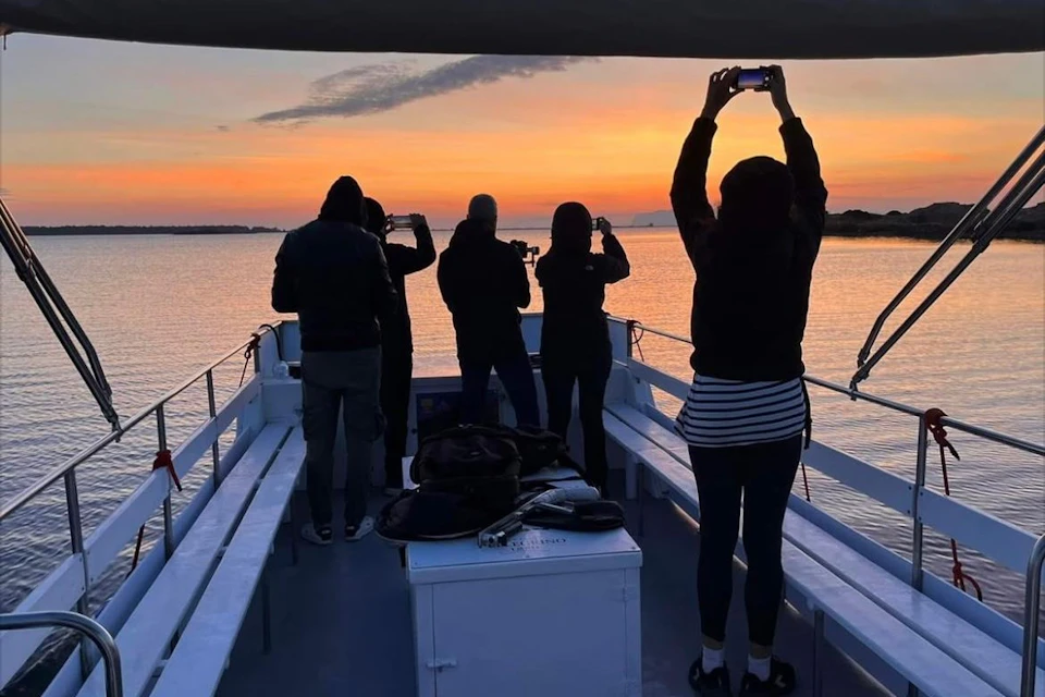 A group of people on a boat capturing a sunset over water with their smartphones.