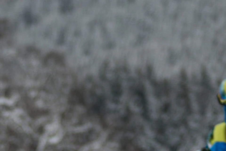 Person in a red ski outfit stands on skis in a snowy area, with other skiers and snow-covered trees in the background.