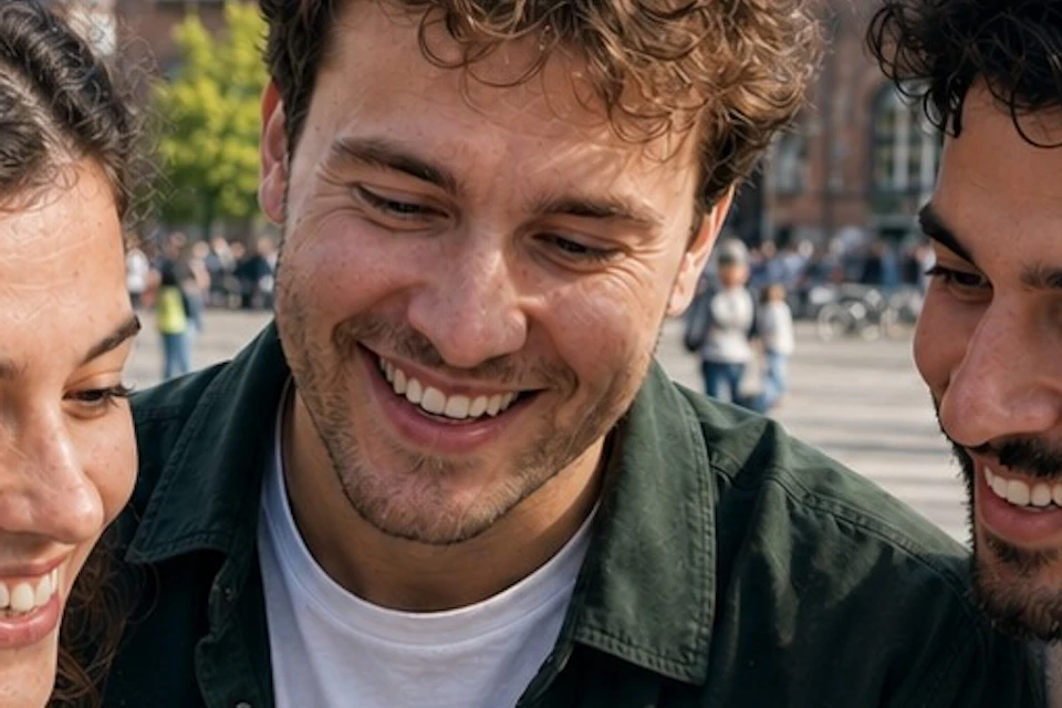 Three people smiling and looking at a smartphone outdoors, with a historic brick building in the background.