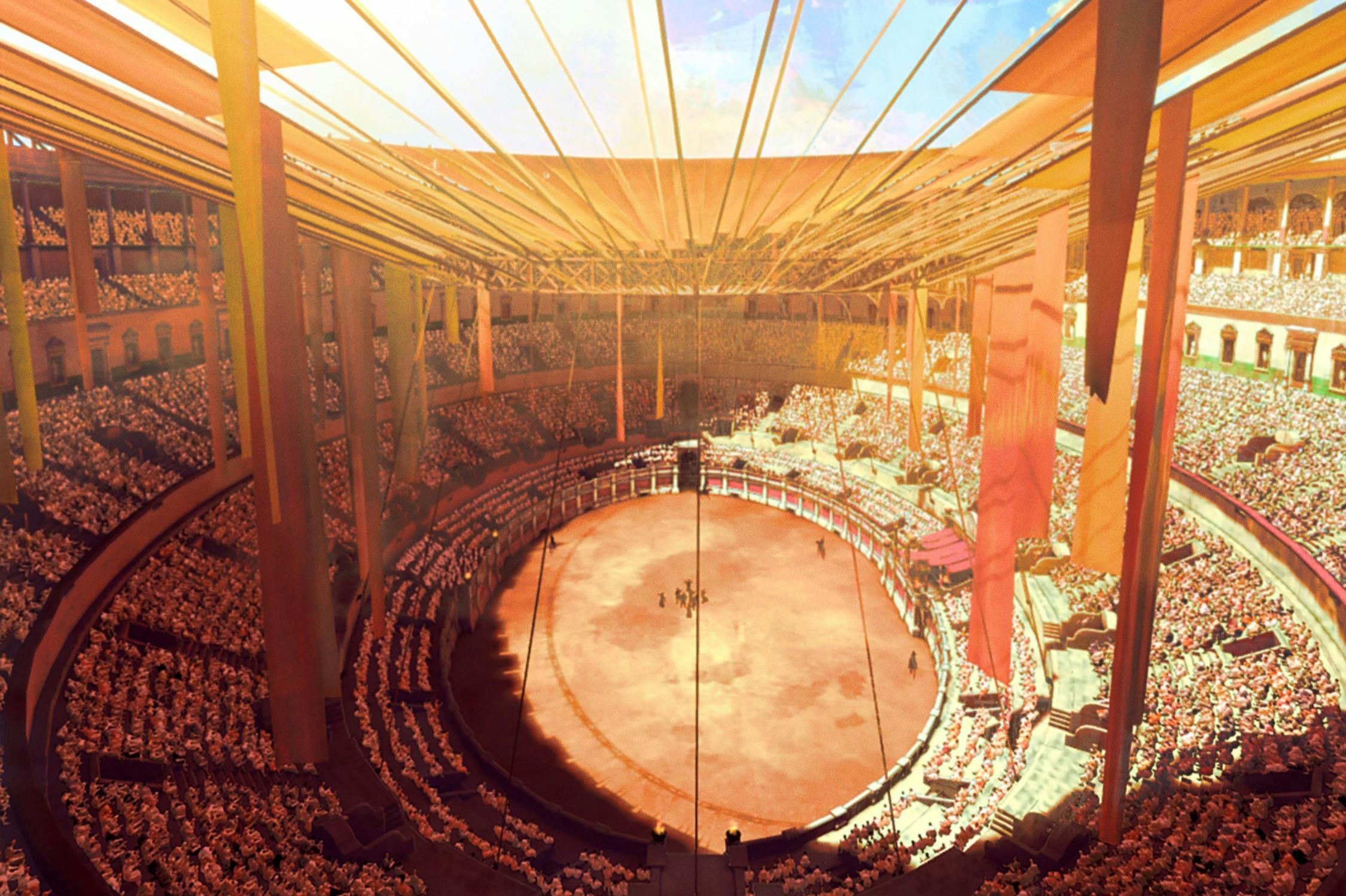 Une grande arène circulaire remplie de spectateurs sous un toit partiellement couvert, avec un groupe de personnes au centre.