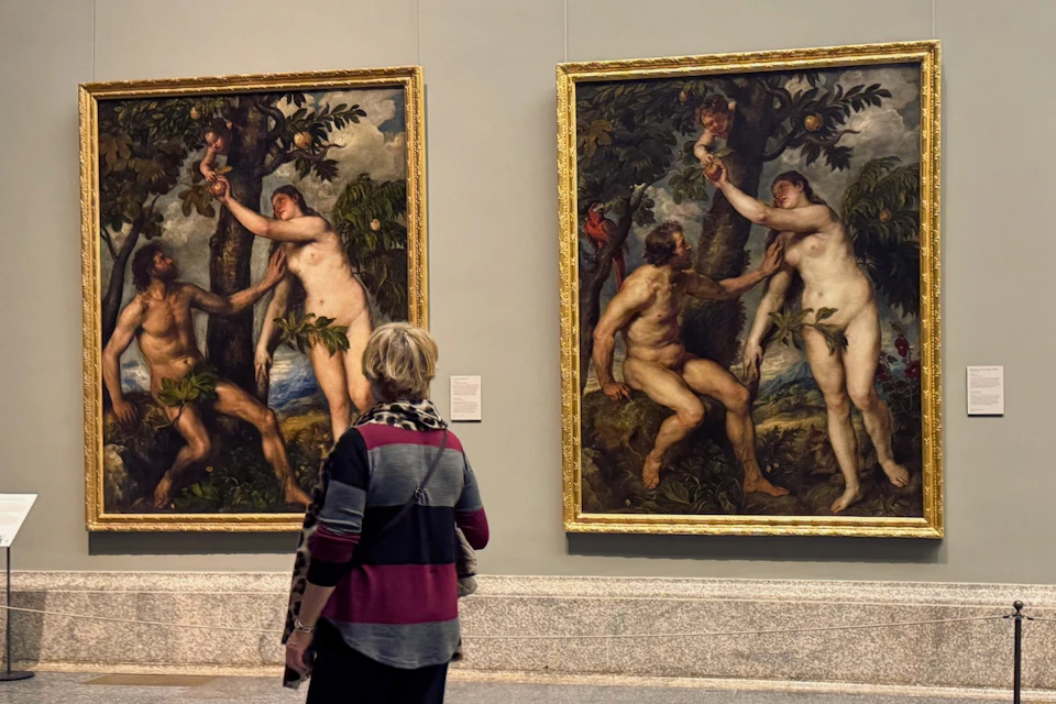 A guest contemplates Titian’s paired paintings of Adam and Eve.