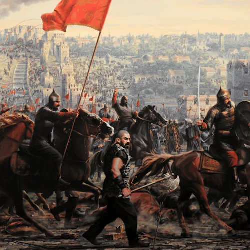 En medeltida stridsscen med riddare till häst, soldater och röda flaggor som omger en befäst stad under belägring.