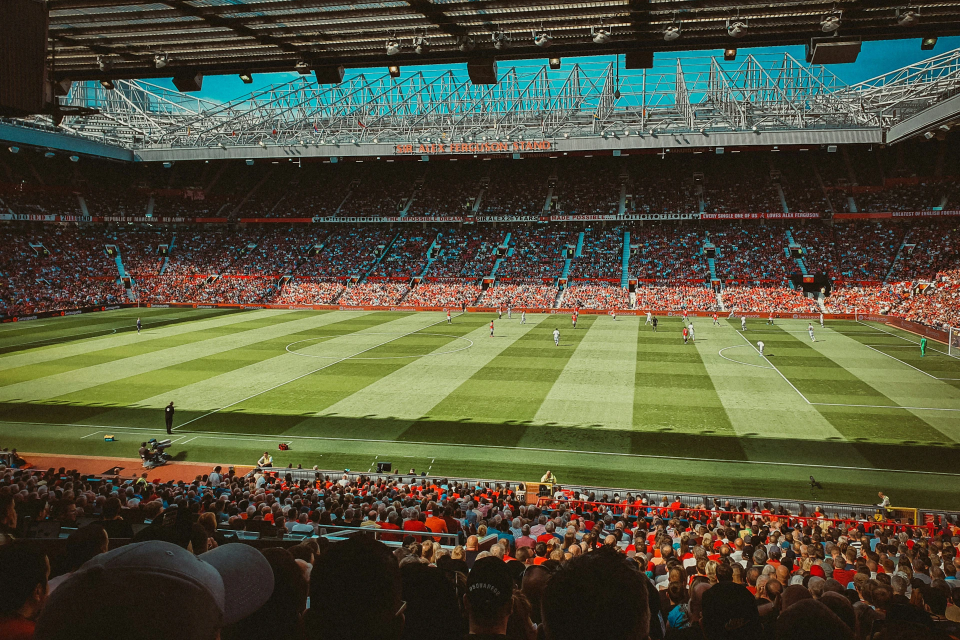 Long side view of the field at Old Trafford stadium
