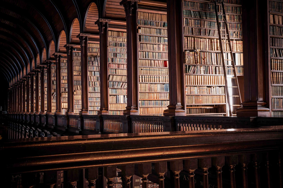 An ornate library with tall wooden bookshelves, filled with numerous books, separated by dark wooden arches and columns.