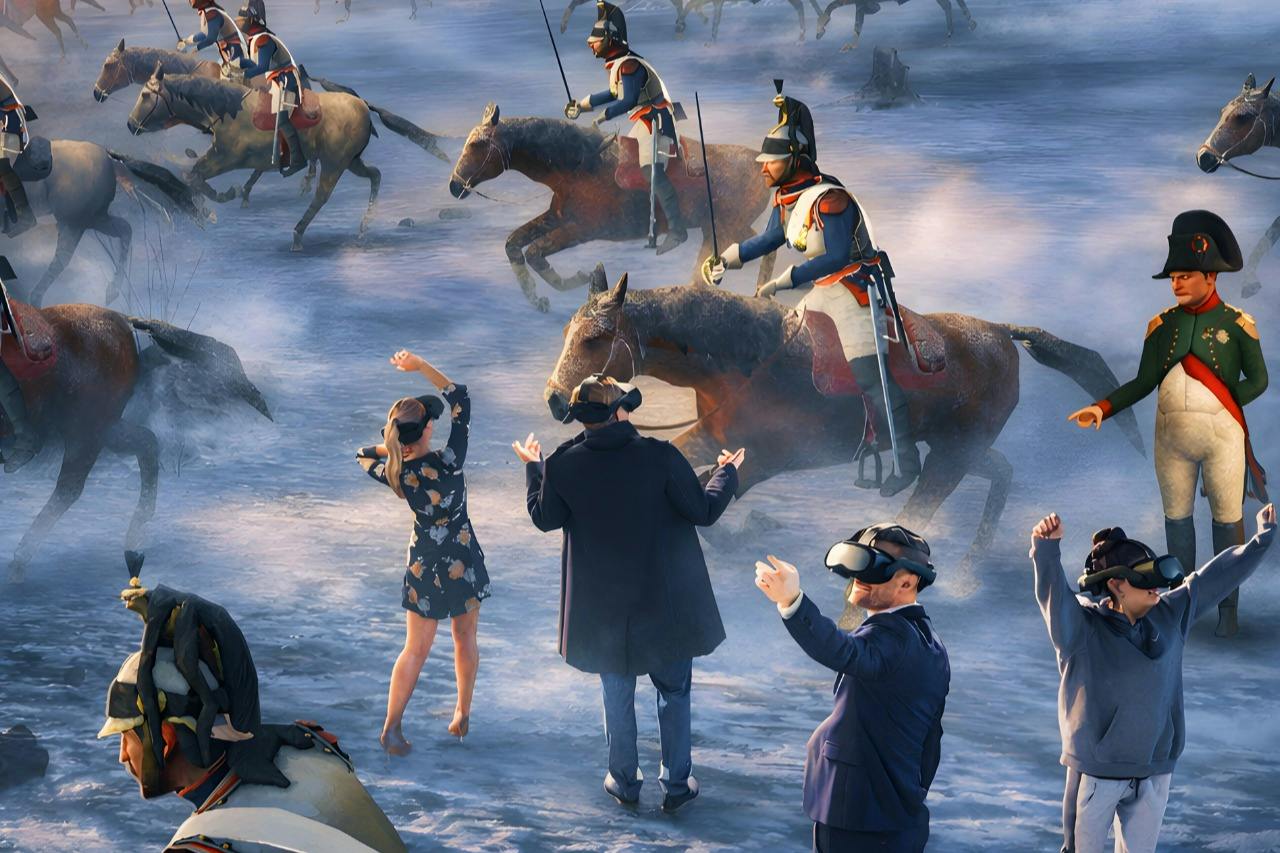 A group of people wearing VR headsets appears immersed in a virtual scene depicting a historical cavalry charge.