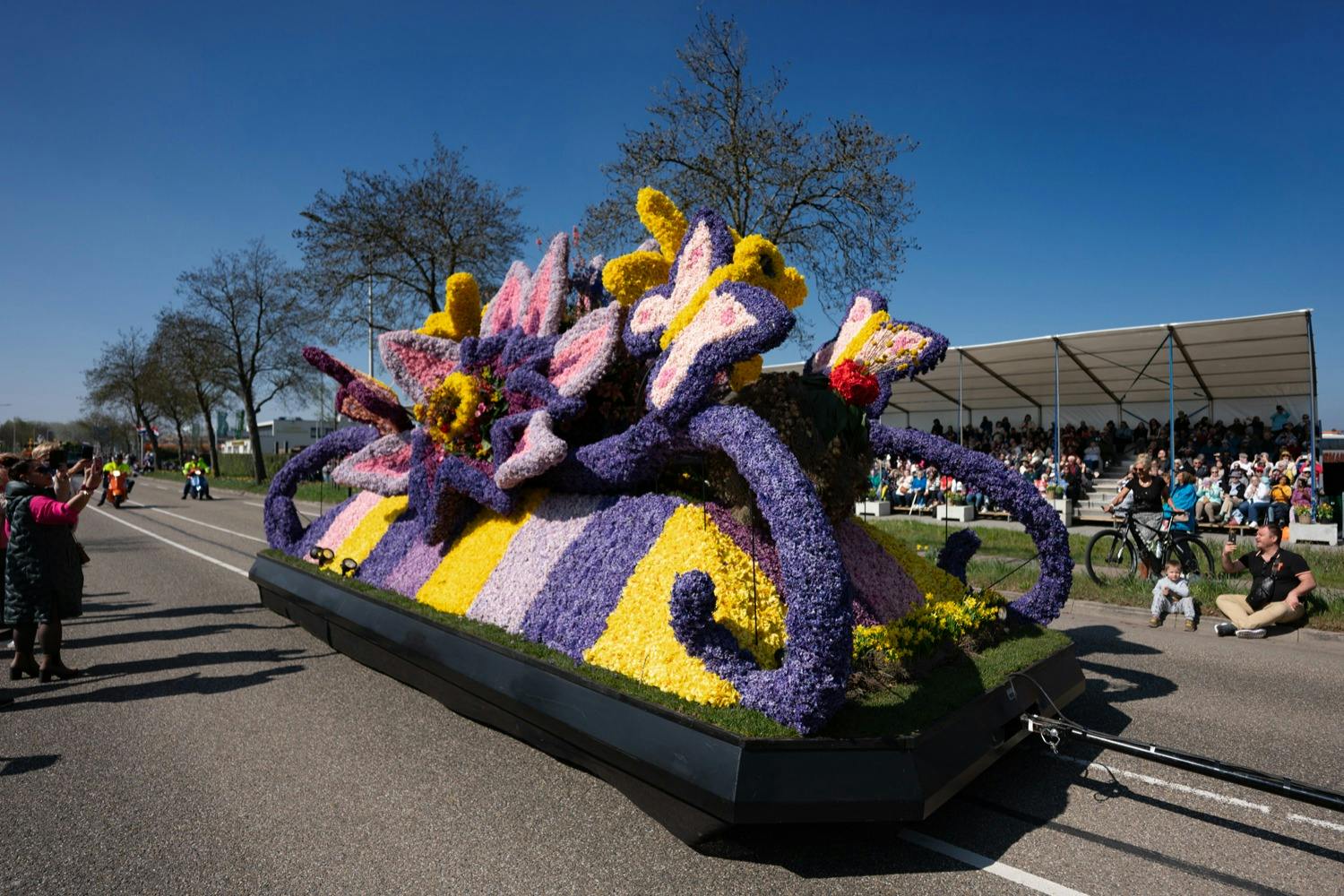 A floral parade float with large flower and butterfly arrangements passes by bleachers filled with spectators.