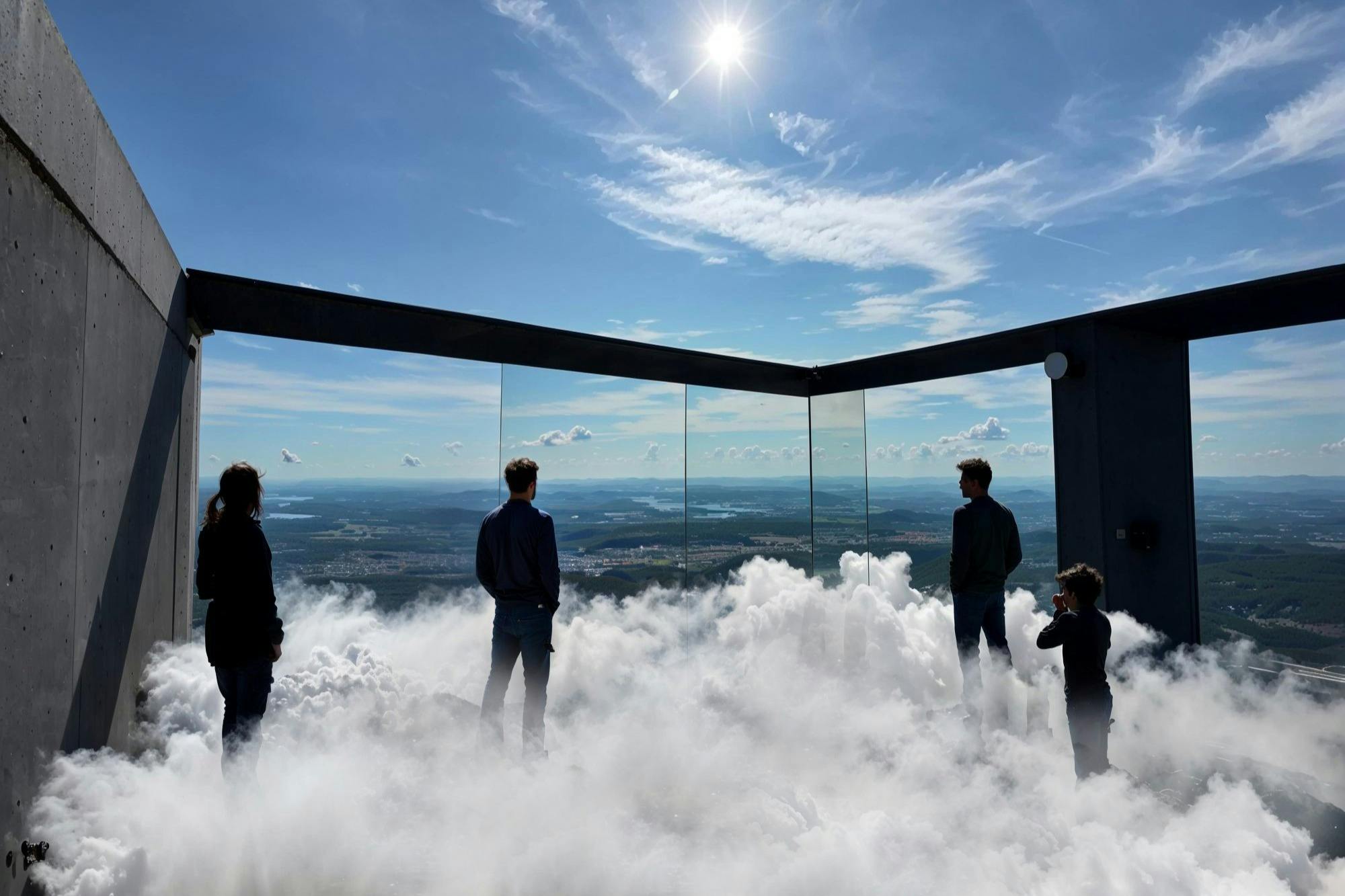 Čtyři lidé stojí na skleněné plošině obklopené mraky a mají výhled na rozlehlou krajinu pod jasným sluncem.