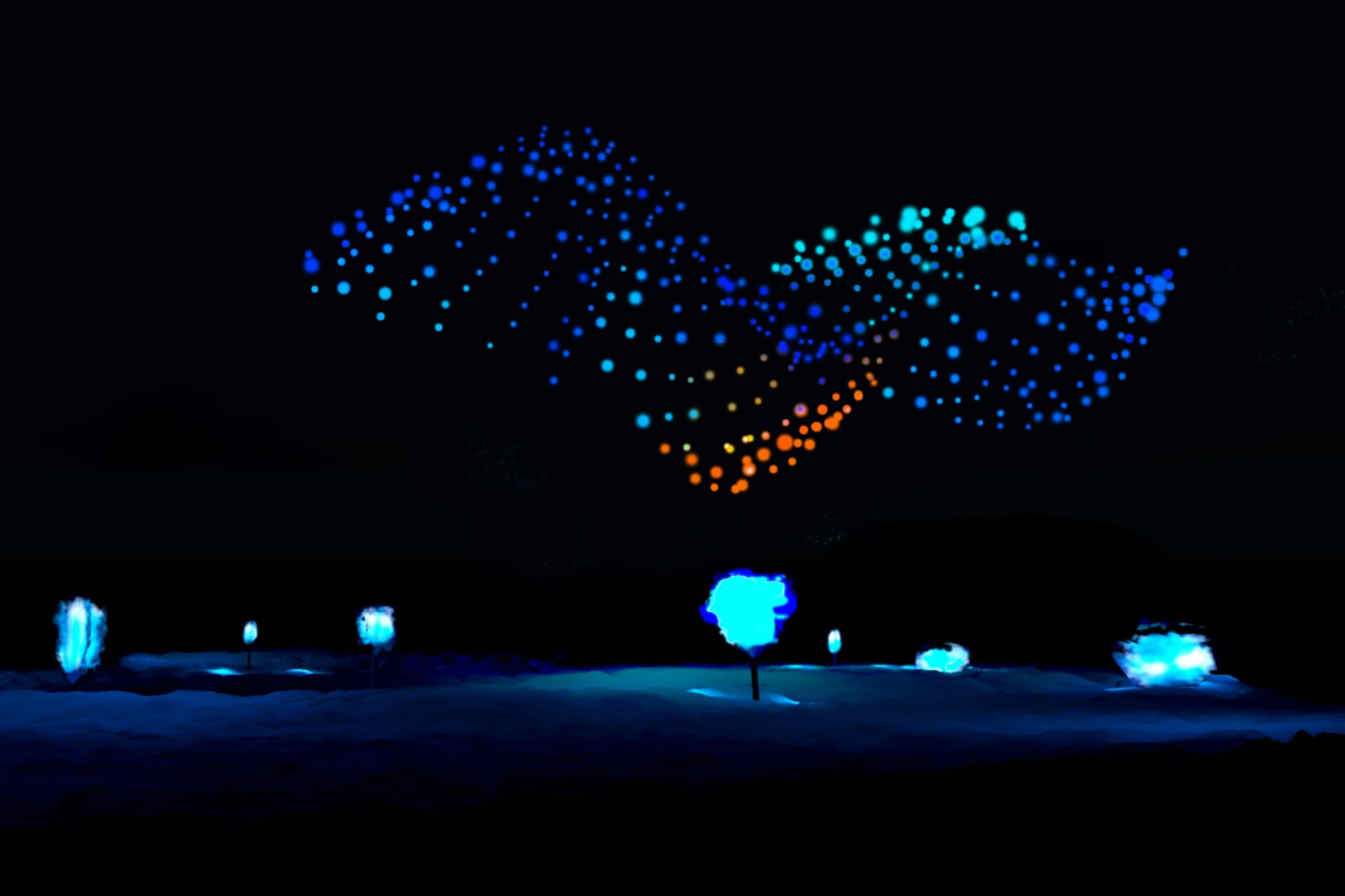 Brightly lit drones form wave patterns of blue and orange in a dark sky, over glowing trees in a nighttime landscape.