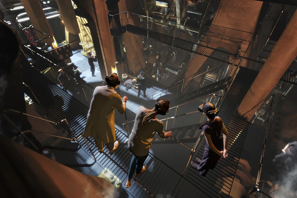 Three people wearing VR headsets stand on a metal walkway overlooking a multi-level industrial interior scene.
