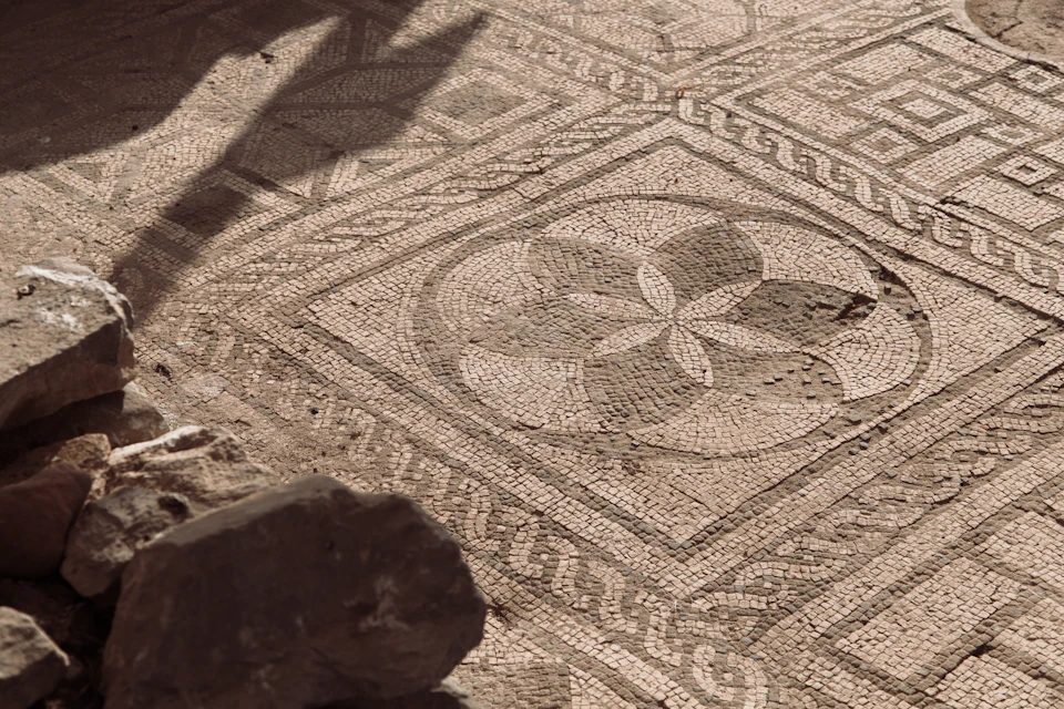 Ornate, ancient mosaic floor with geometric patterns and a floral design at its center, partially shadowed by an overhead structure.