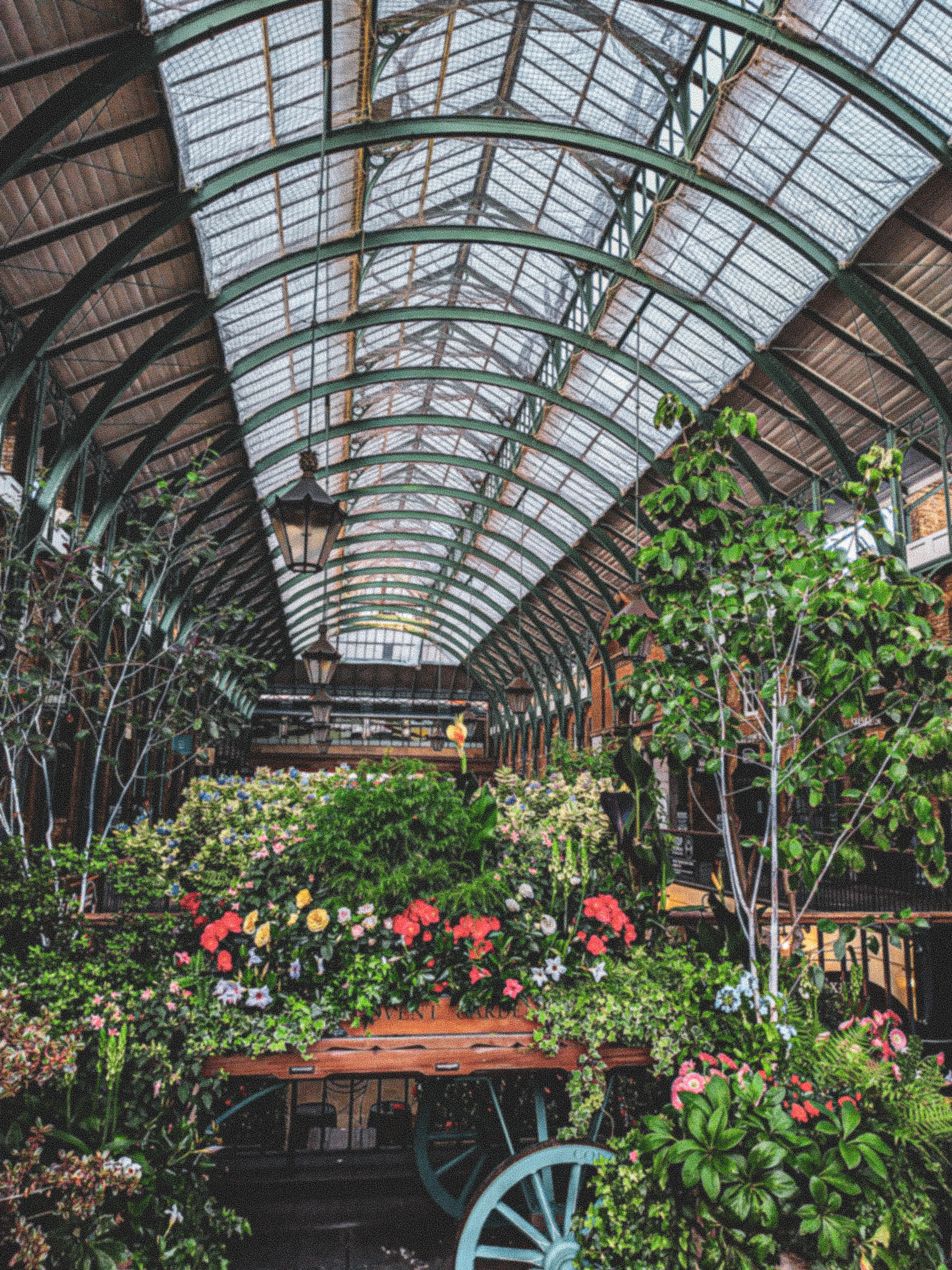 Indoor garden under a large arched glass roof with an abundance of flowering plants, trees, and hanging street lamps.
