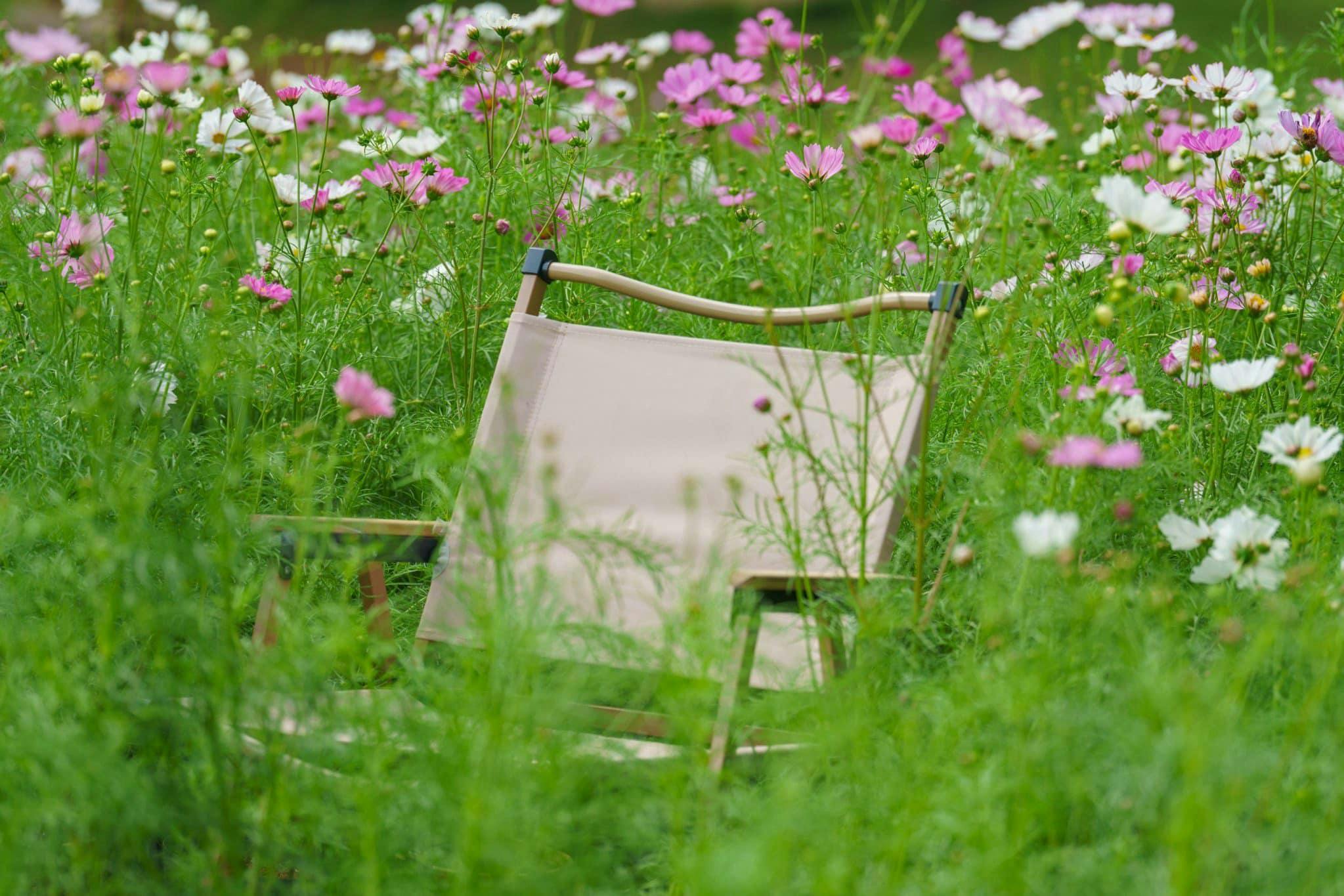A beige folding chair surrounded by tall green grass and blooming pink and white flowers in an outdoor setting.