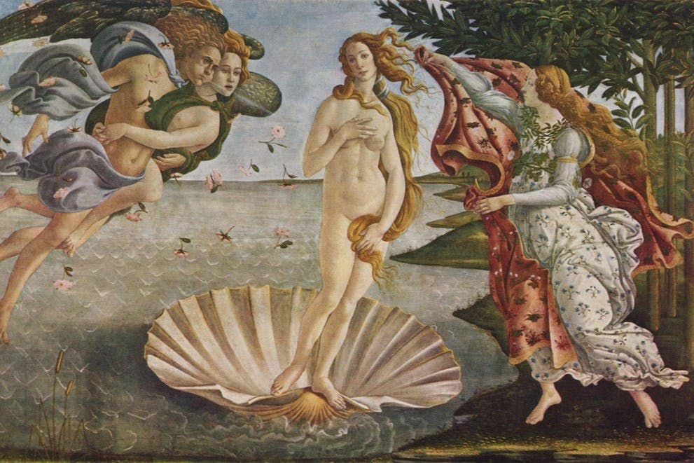 A nude woman stands on a giant shell in the sea, with figures blowing wind towards her and another figure holding a cloak.