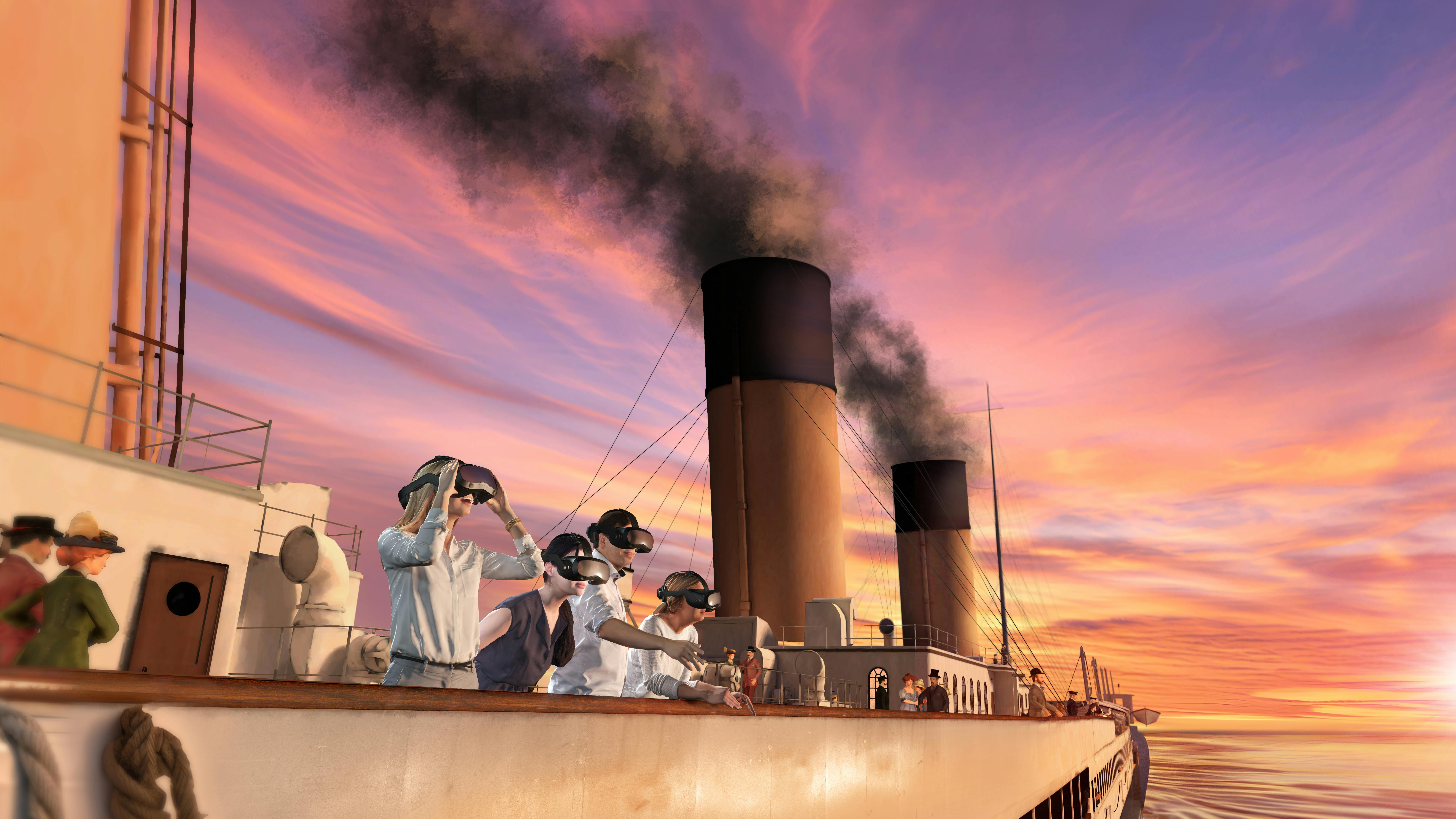 People wearing VR headsets on the deck of a ship at sunset, with smokestacks emitting black smoke and a colorful sky in the background.