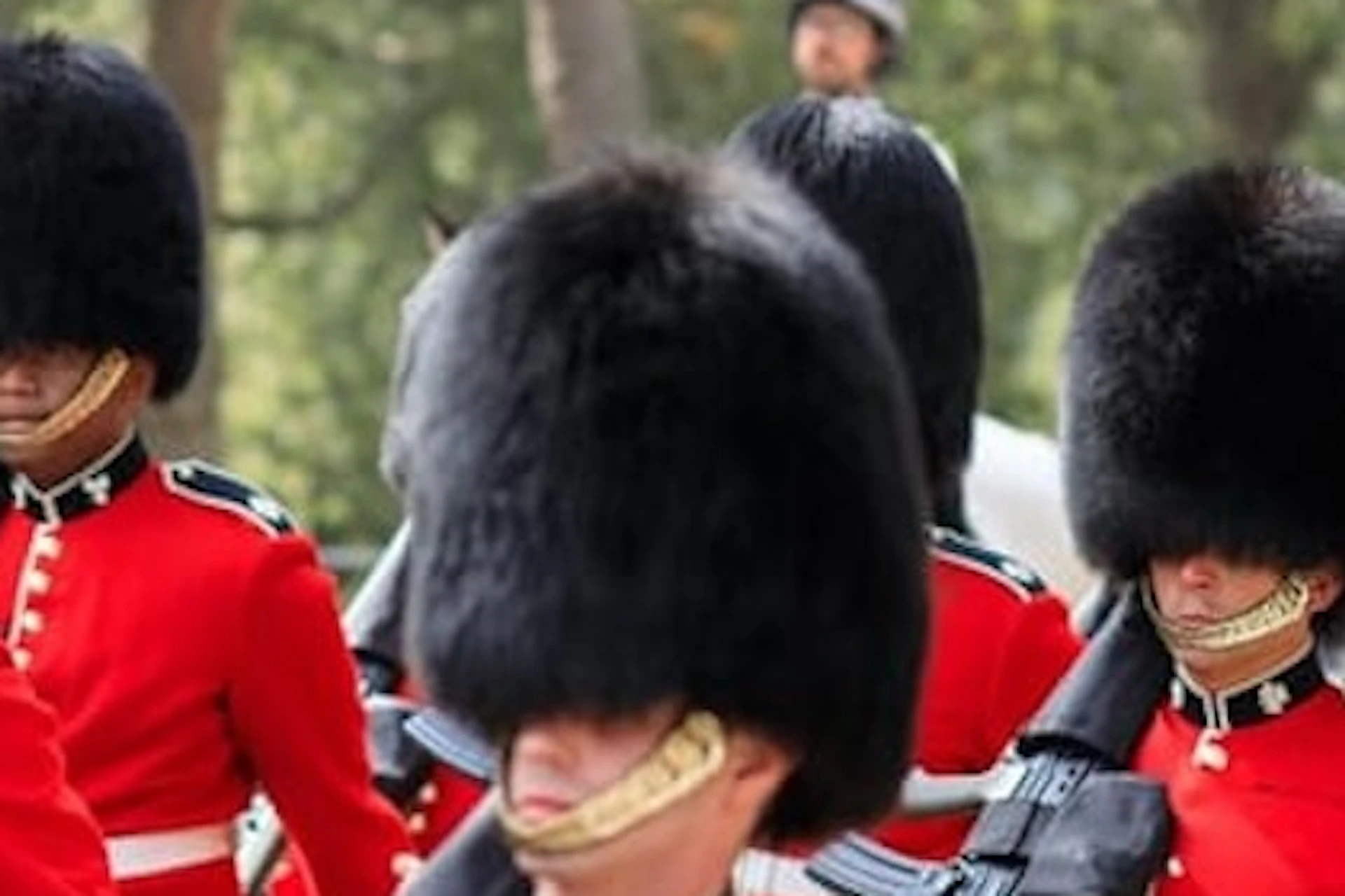 Guards in red uniforms and tall black hats march in formation, each holding a rifle, with a forest background.