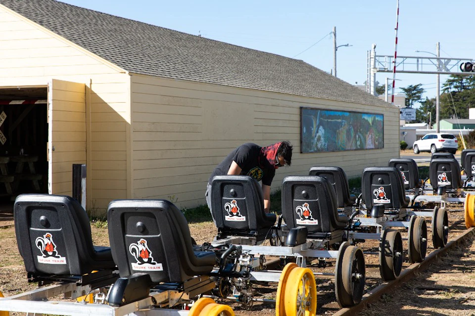 Person inspects a row of amusement park ride seats with skunk logos on a sunny day, next to a building with painted mural.
