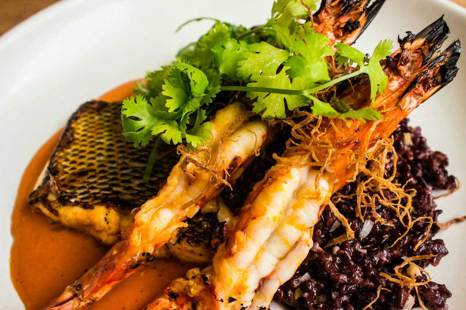 Grilled prawns served with greens, black rice, and sauce, garnished with fresh cilantro on a white plate.