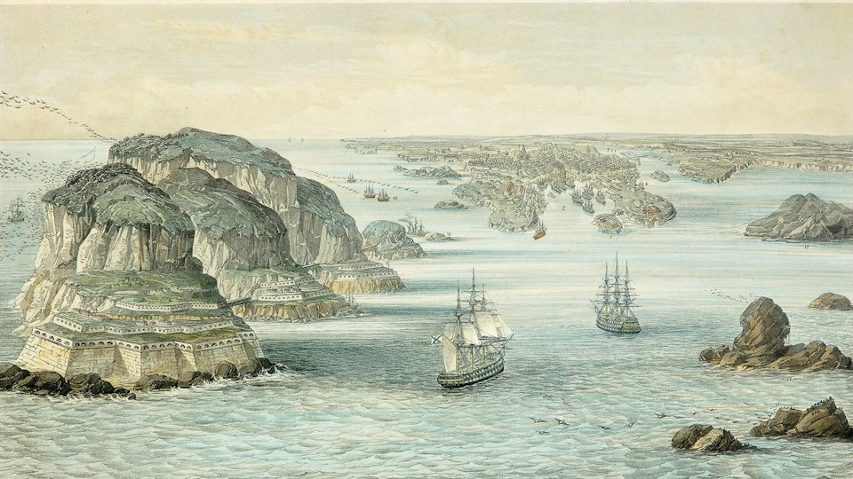 Illustration of a coastal city with cliffs, fortifications, and numerous sailing ships in the water.