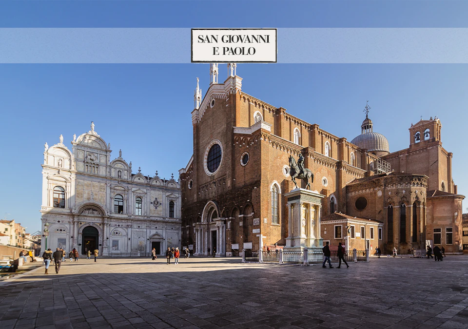Square with the "San Giovanni e Paolo" church in Venice, featuring a statue and a few people walking.