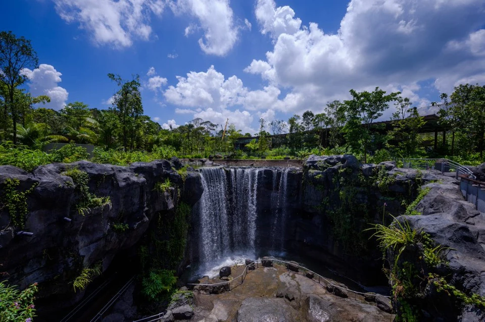 Waterfall cascading over jagged rocks into a basin, surrounded by lush green trees under a bright blue, partly cloudy sky.