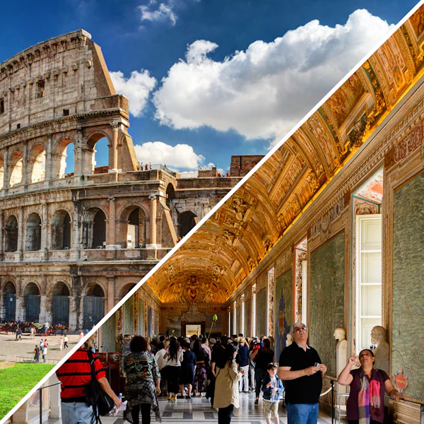 Delad bild: den vänstra halvan visar utsidan av Colosseum under en blå himmel; den högra halvan visar ett trångt konstgalleri med utsmyckade tak.