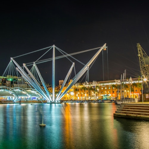 Night view of a lit-up modern waterfront structure with cables and beams, reflections in water, and buildings in the background.