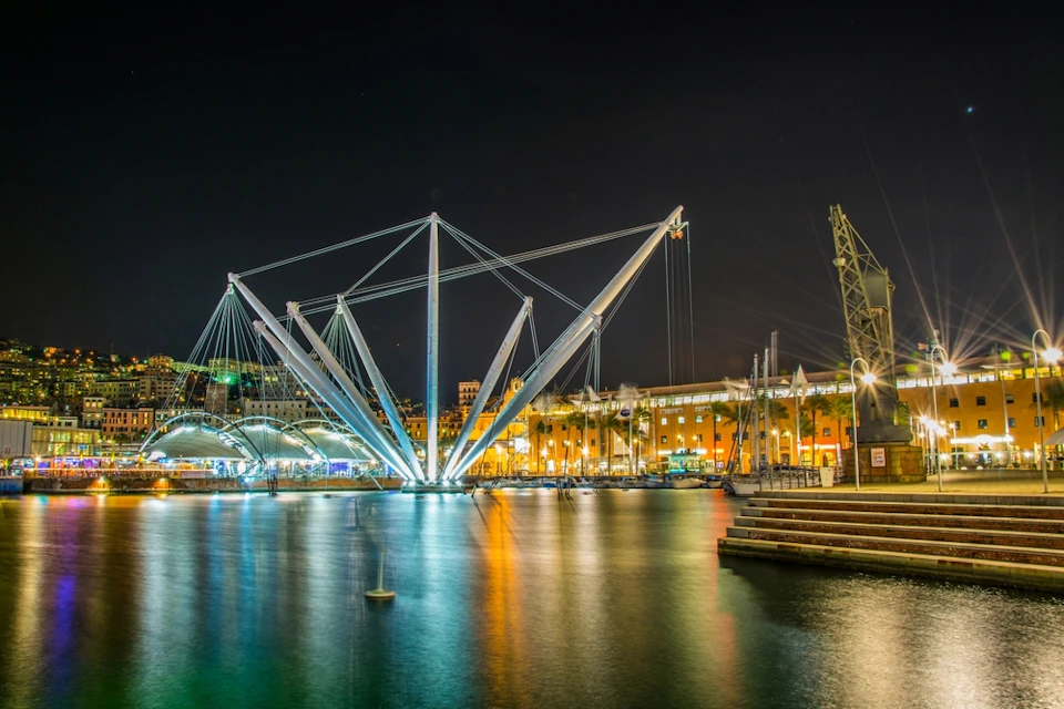 Night view of a lit-up modern waterfront structure with cables and beams, reflections in water, and buildings in the background.