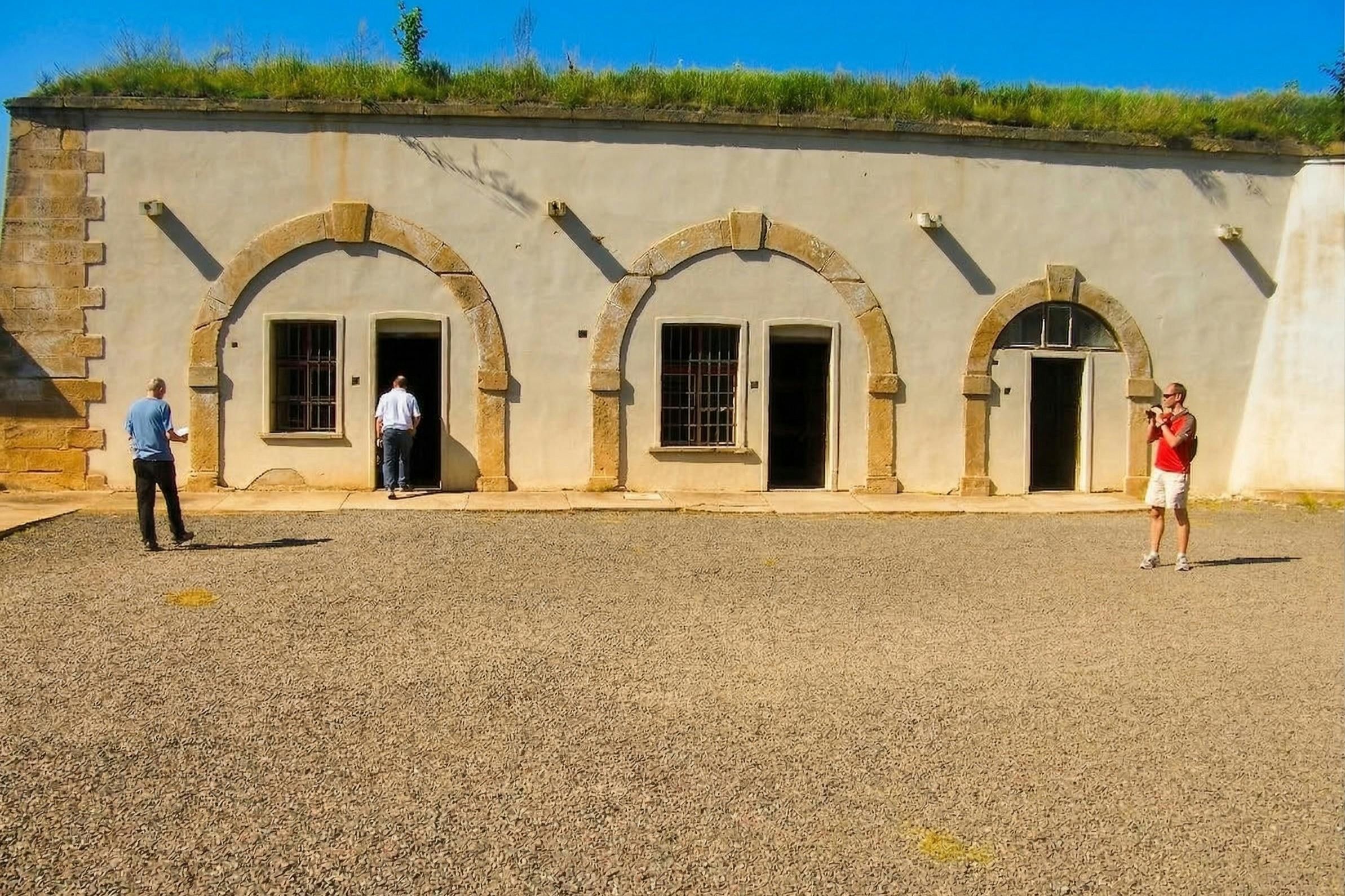 Ένα κτίριο με τοξωτές πόρτες και παράθυρα, ένα άτομο που εισέρχεται σε μια πόρτα, με γρασίδι στην οροφή κάτω από έναν γαλάζιο ουρανό.