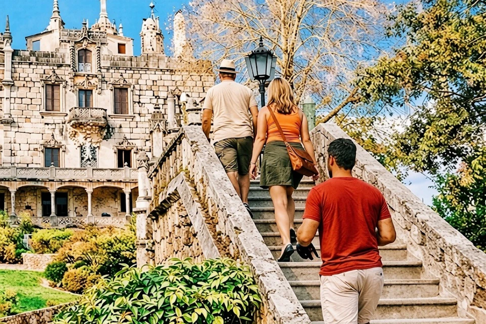 Three people walking up a stone staircase toward an ornate building, surrounded by trees and greenery on a sunny day.