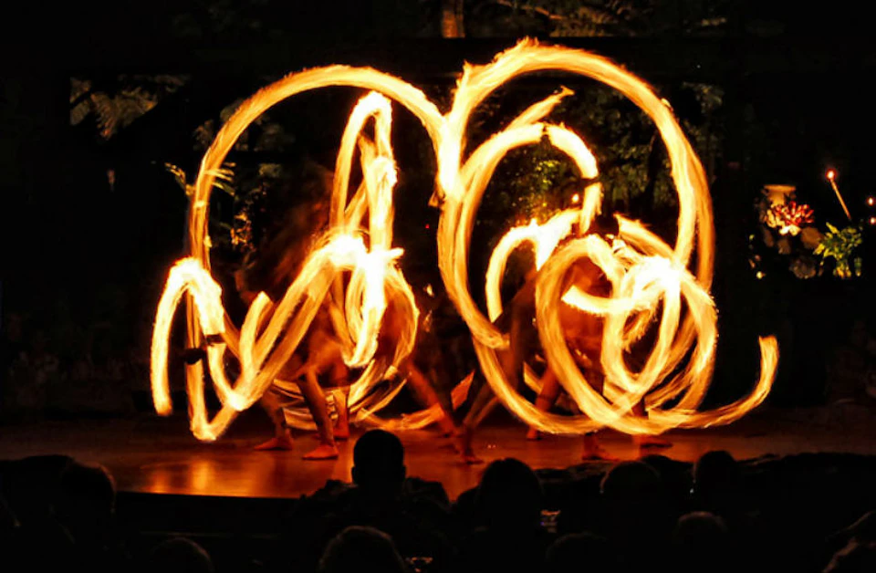 Performers creating intricate patterns with flames in a dark setting, while silhouettes of the audience are visible in the foreground.