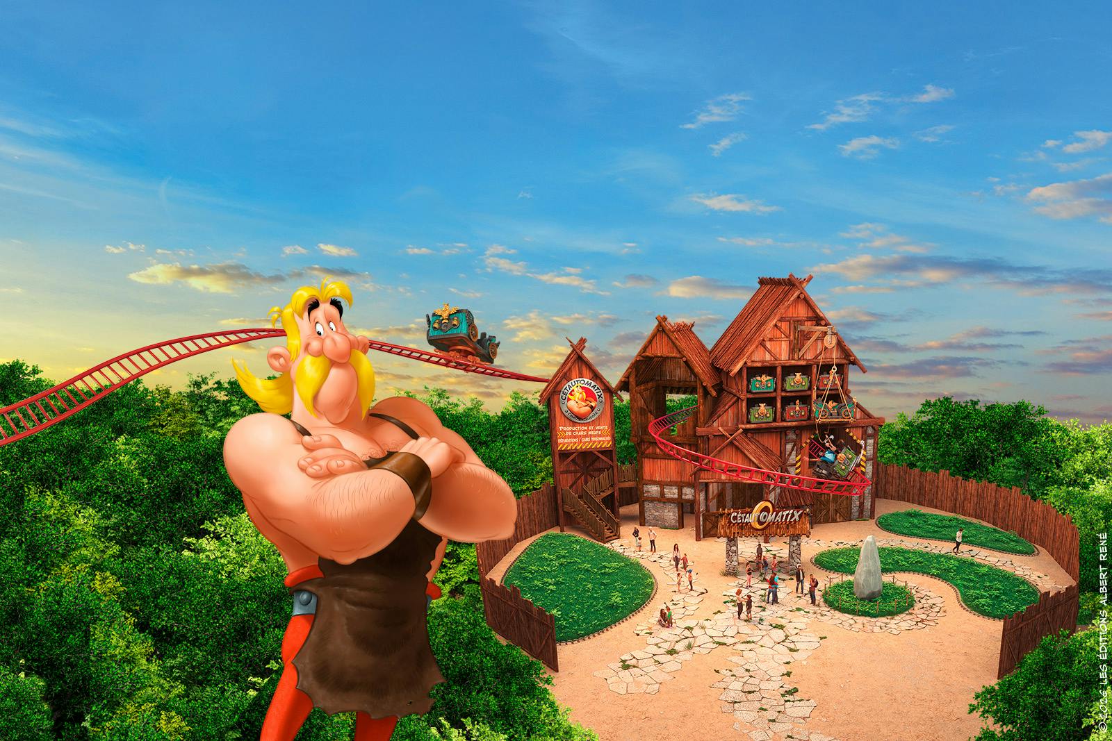 在一个白雪皑皑的节日村庄里，圣诞老人在天空中驾驶着驯鹿般的野猪拉着的雪橇。