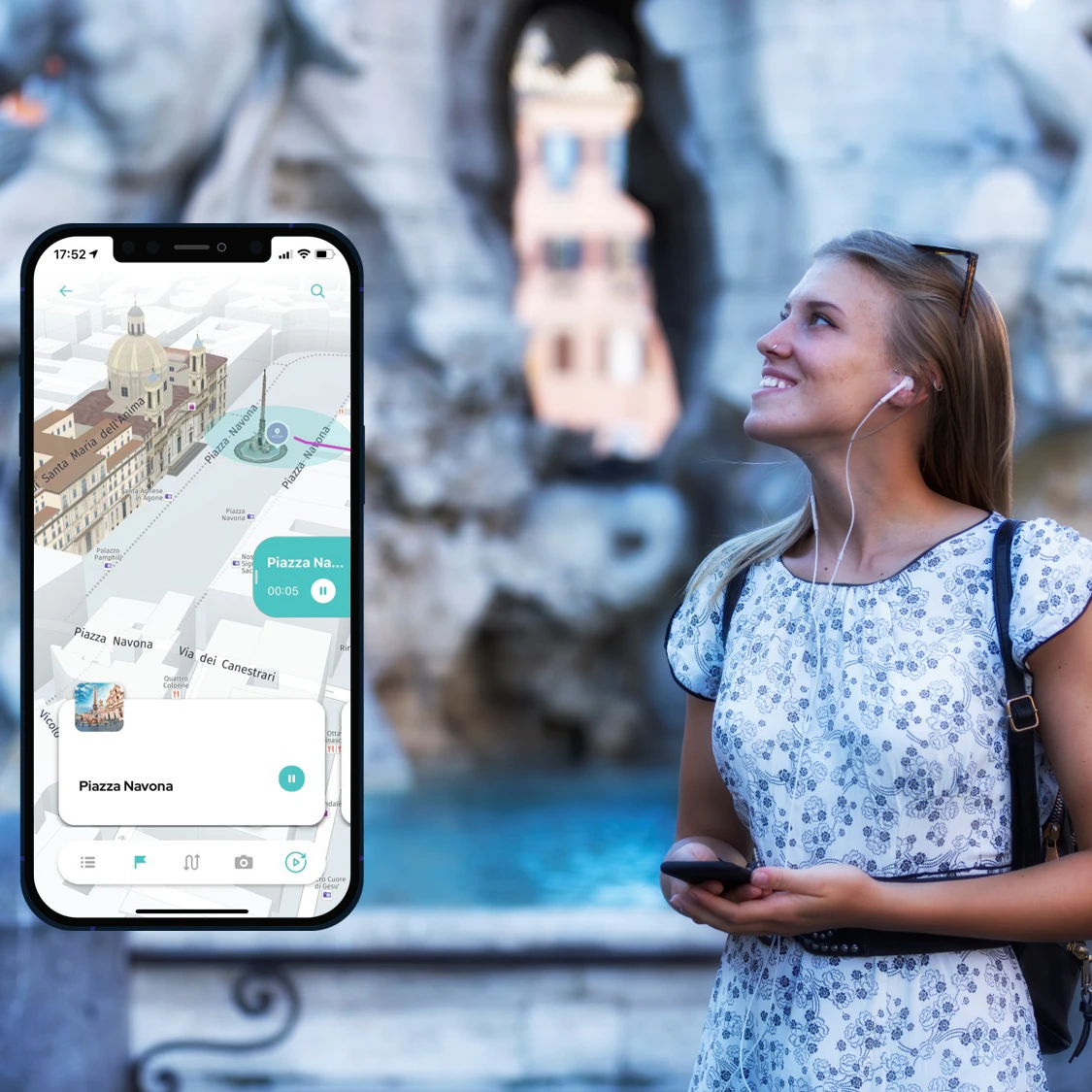 A woman wearing earphones looks up while holding her phone. A large map application is displayed prominently in the image.