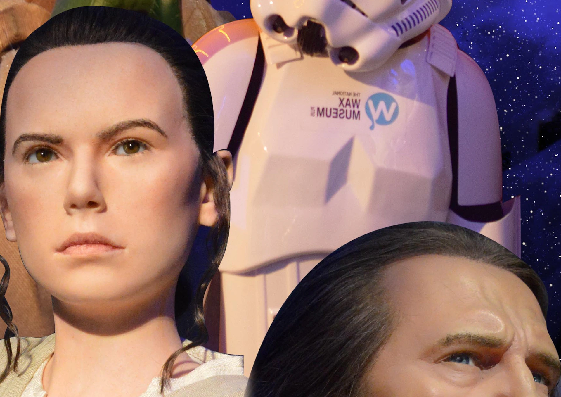 Wax figures of Star Wars characters are displayed against a starry background. Text reads "Star Wars at the National Wax Museum Plus."