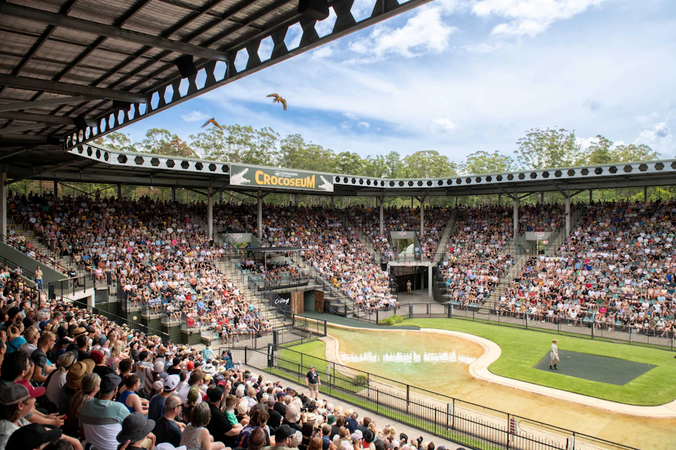 A large outdoor stadium filled with spectators, featuring a central open area labeled 'CrocoSEUM' and surrounded by trees.