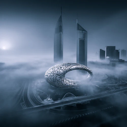 Futuristic cityscape with tall skyscrapers and fog-covered streets, featuring a large ring-shaped building with Arabic script.