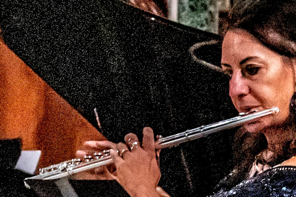 Musicians perform in a formal setting with a pianist, flutist, clarinetist, horn player, and cellist, all wearing black attire.