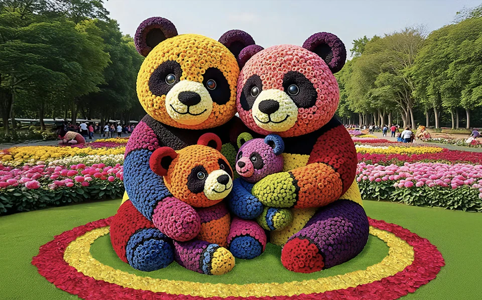 A colorful floral sculpture of a panda family surrounded by vibrant flowerbeds in a park setting.