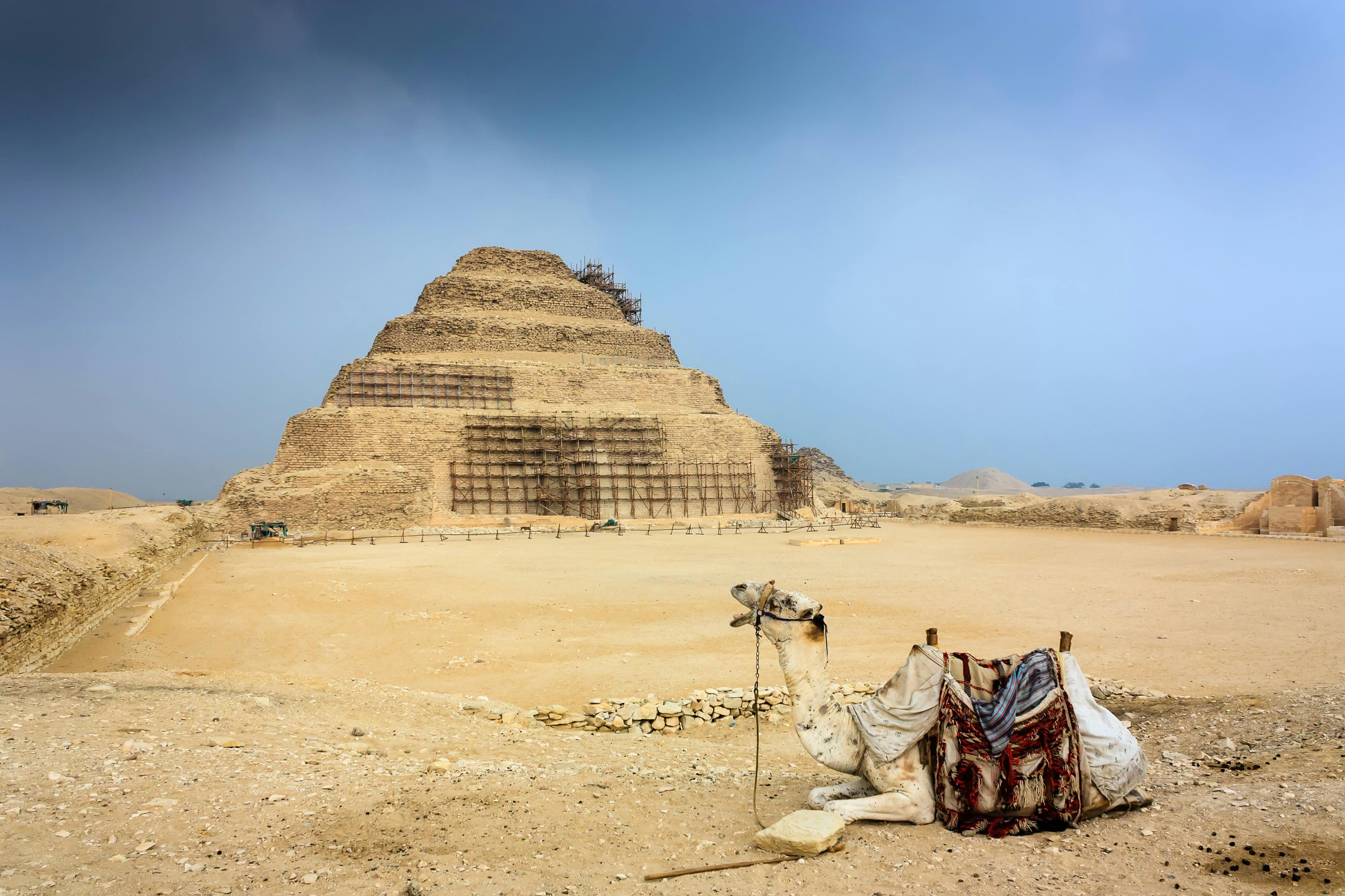 A camel rests in the foreground with a patterned blanket near the Step Pyramid of Djoser under a clear blue sky.