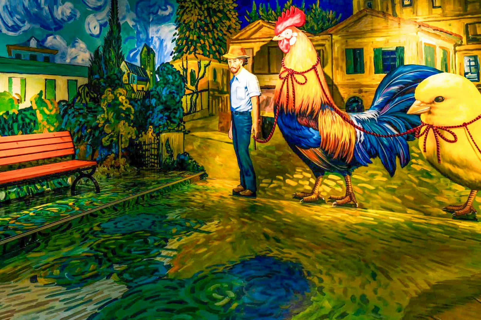 A painting-style scene of a man holding a leash attached to a large rooster, with vibrant colors and a rural backdrop.