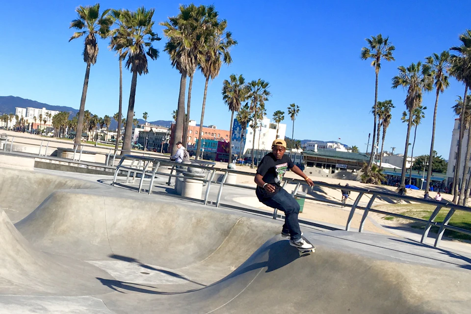 A skateboarder rides at the Venice Beach skate park