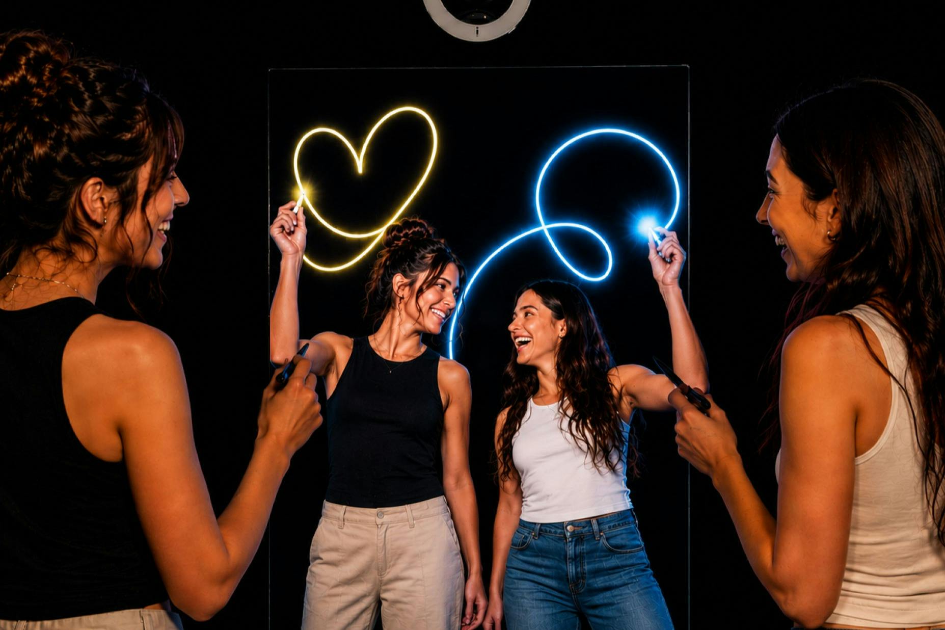Two women drawing neon light shapes, a heart and a swirl, on a transparent board, smiling and enjoying the activity.