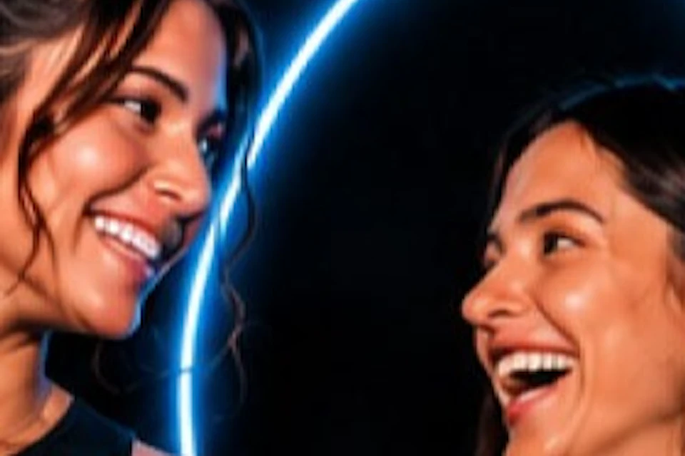 Two women drawing neon light shapes, a heart and a swirl, on a transparent board, smiling and enjoying the activity.