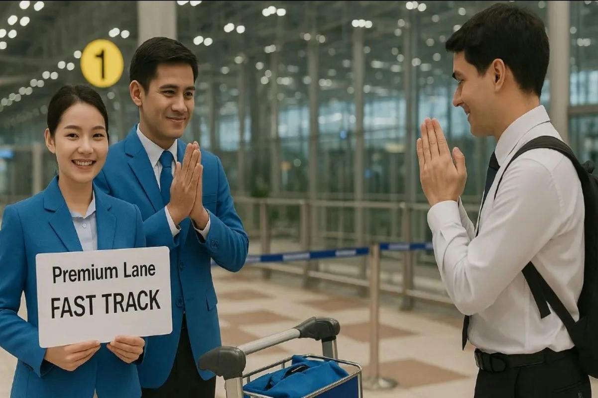 Two airport staff in blue uniforms greet a traveler with folded hands. One holds a sign reading 'Premium Lane Fast Track.'