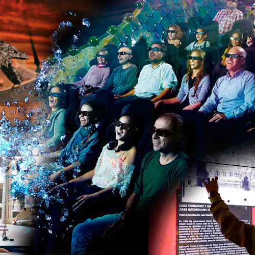 Ett kollage av människor som njuter av en 3D-film, en person som arbetar vid ett skrivbord, en historisk display och en animerad stridsscen med vattenstänk.