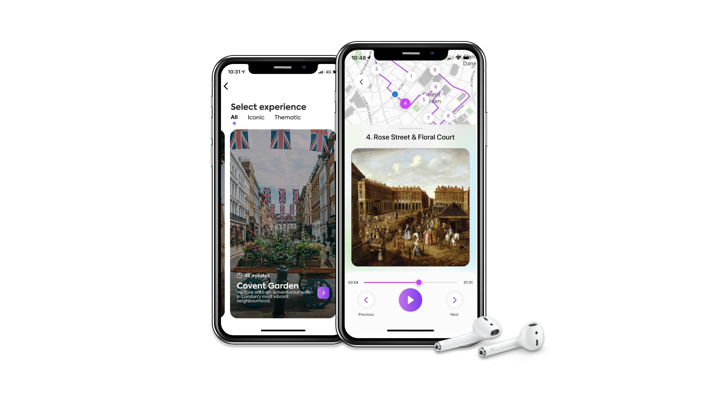 Two smartphones display a travel app with location maps and tour options. Earphones are placed next to the phones.