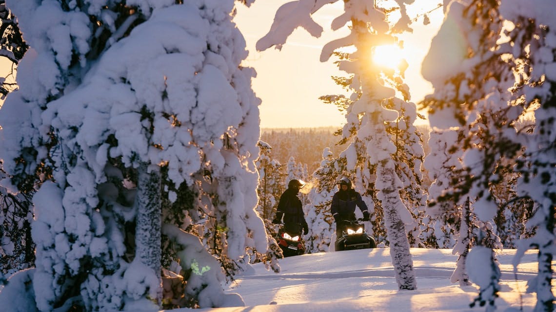 Δύο άνθρωποι οδηγούν οχήματα χιονιού μέσα σε ένα χιονισμένο δάσος το ηλιοβασίλεμα, με το φως του ήλιου να φιλτράρεται μέσα από τα δέντρα.
