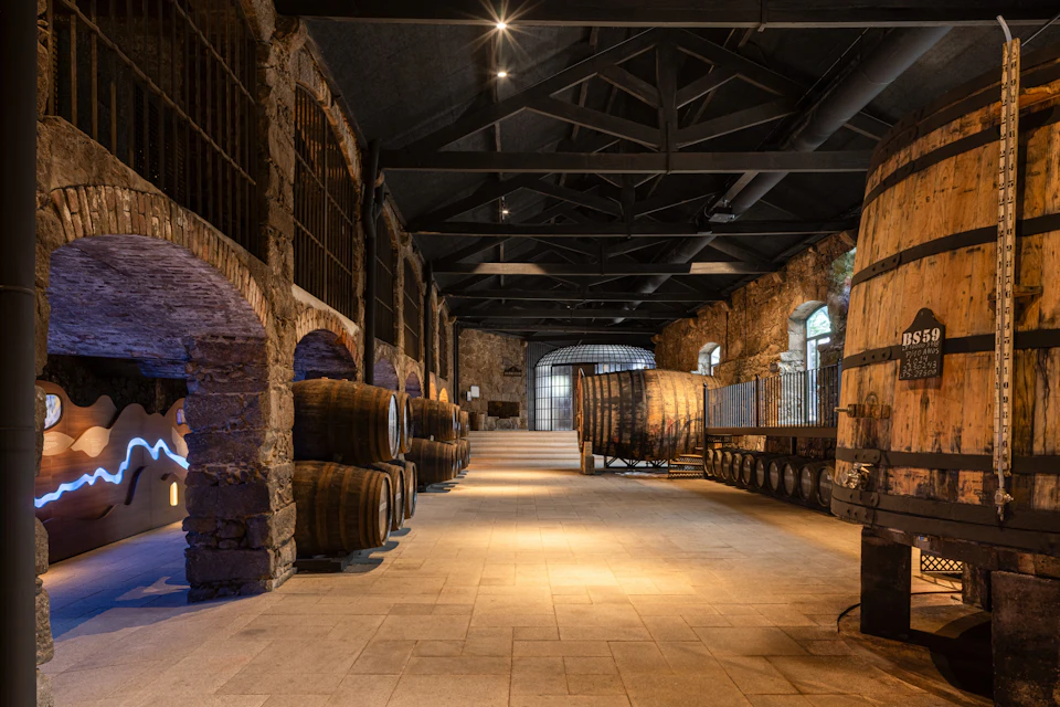 A rustic interior of a wine or whisky cellar, featuring large wooden barrels and stone walls beneath a wooden ceiling structure.