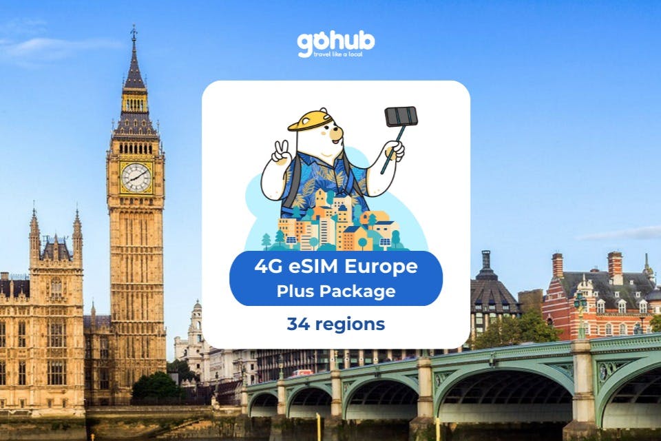 Illustration av en björn som tar en selfie och marknadsför ett 4G eSIM Europe Plus-paket för 34 regioner, med Big Ben i bakgrunden.